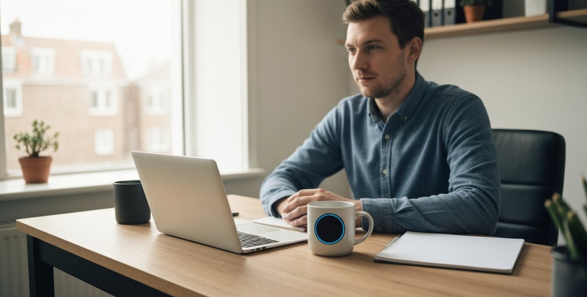 A small-business owner working calmly at a tidy desk with a laptop and a compact voice assistant speaker in a UK office