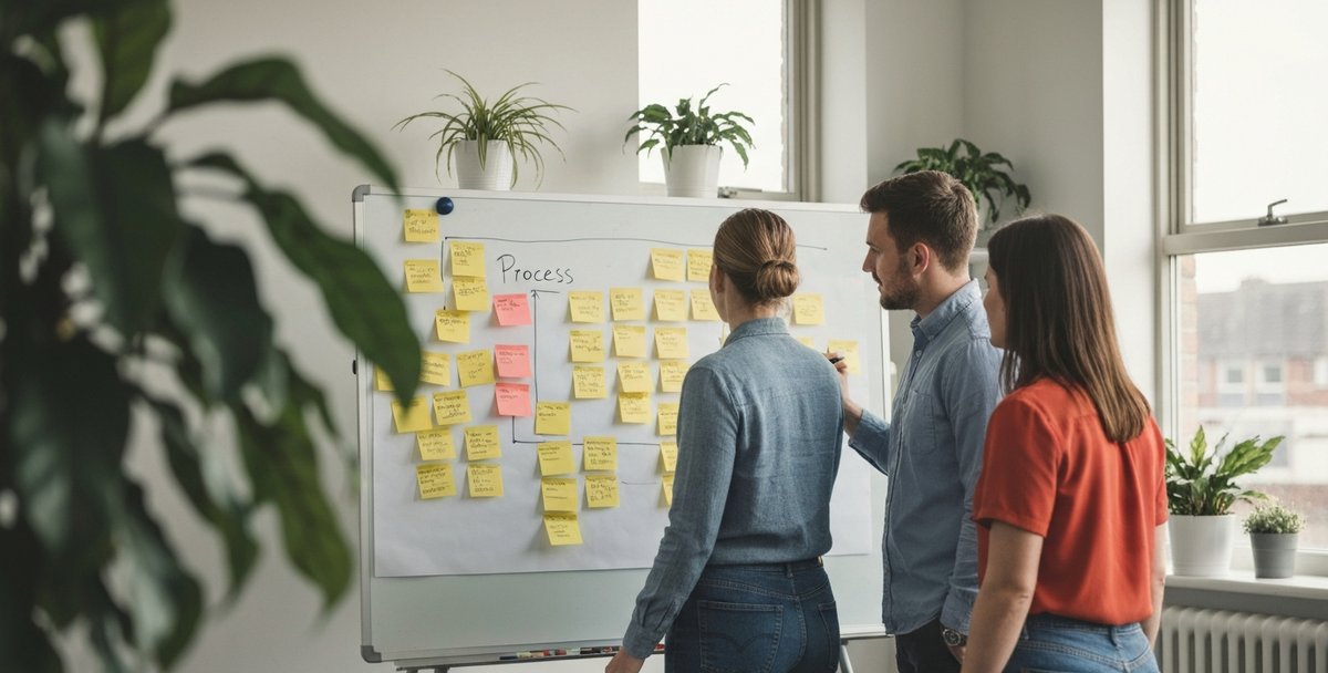 Two colleagues mapping a business process on a whiteboard with paper sticky notes in a bright UK office