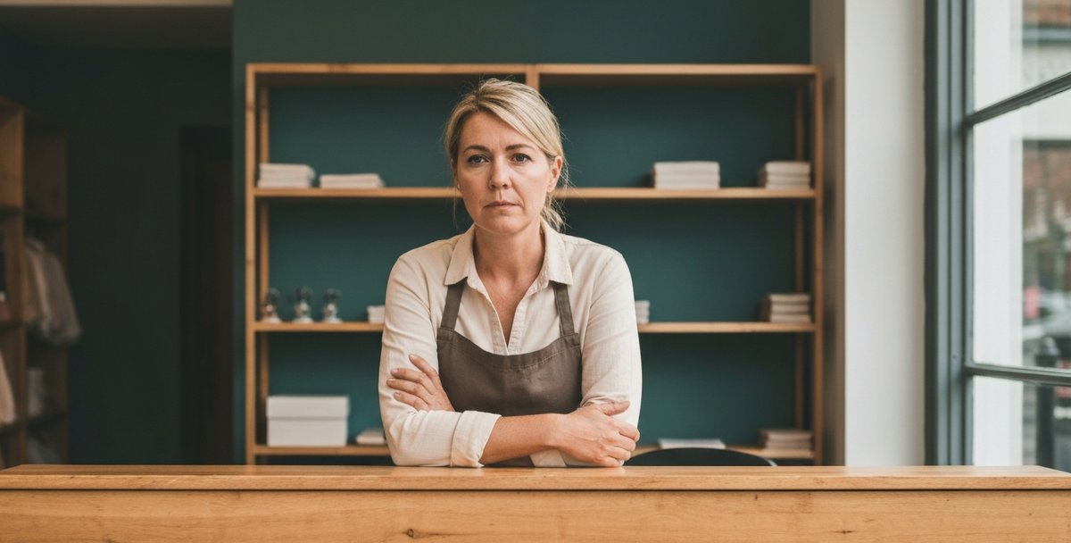 A worried small shop owner stepping back from the counter of a quiet UK high-street boutique