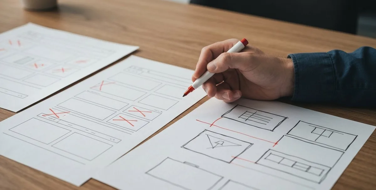 Website redesign in progress — old website pages marked up beside new wireframes